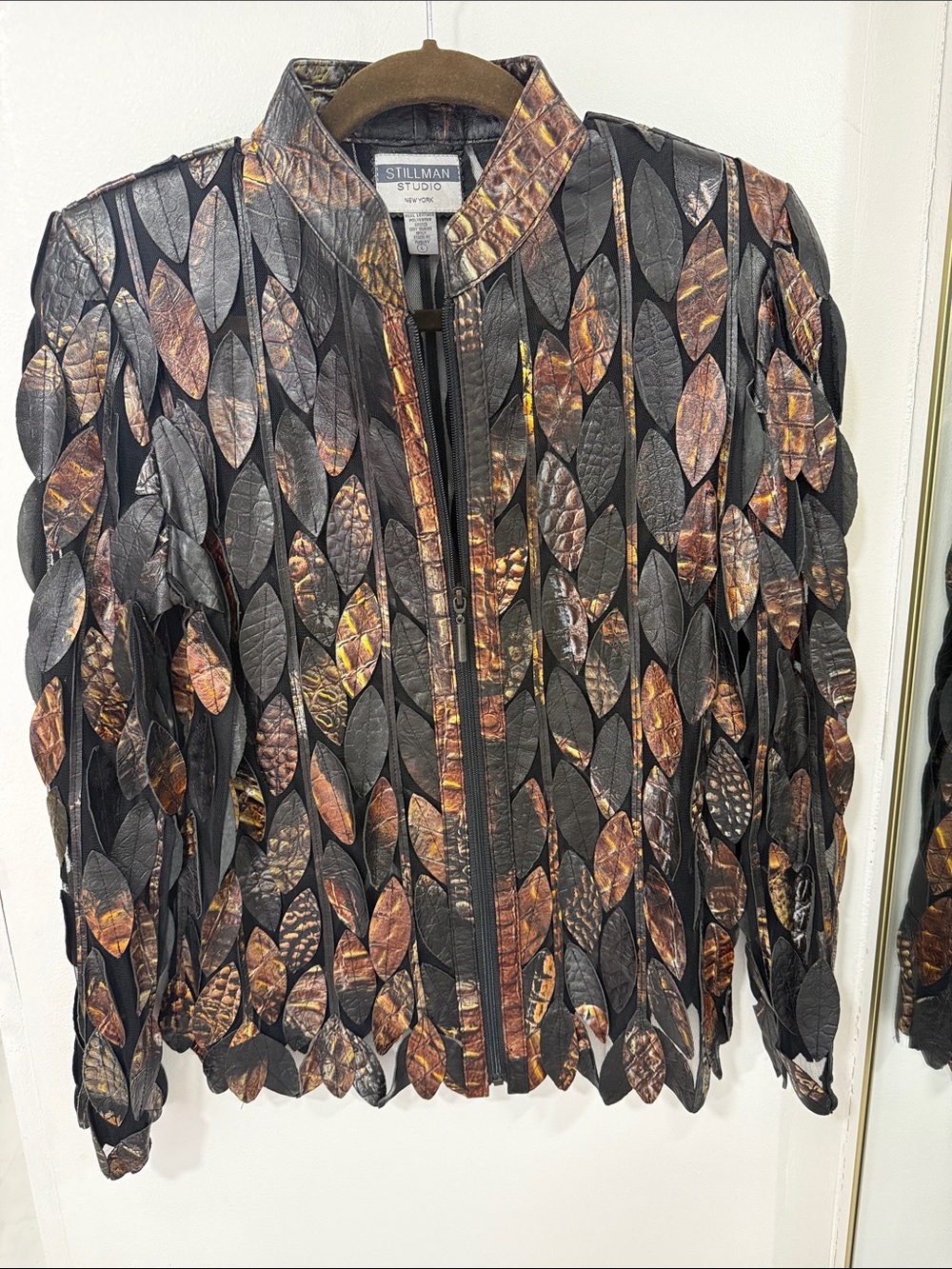 Stillman Studios Women's Black and Brown Leaf Appliqué Leather Zip Jacket